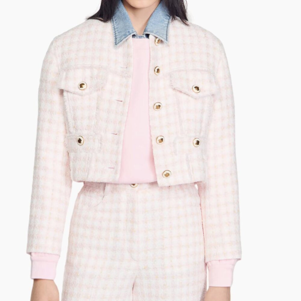 SANDRO Cropped Decorative Tweed Jacket Pink and White MEDIUM